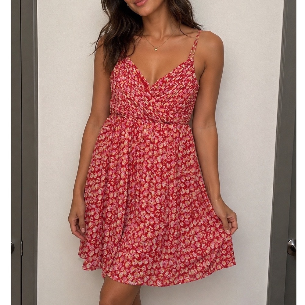 Banana Republic Red Floral Pleated Chiffon Mini Dress Summer Wedding Guest 6‎ ee